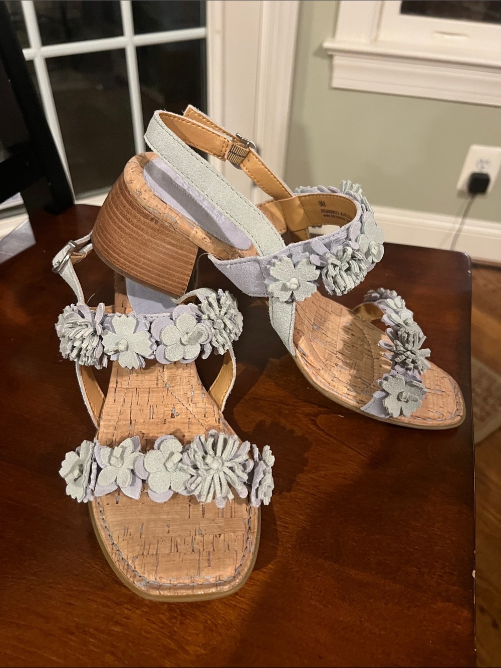 Born Springs Kheli Light Blue Floral Appliqué Suede Block Heel Sandals, NWOB